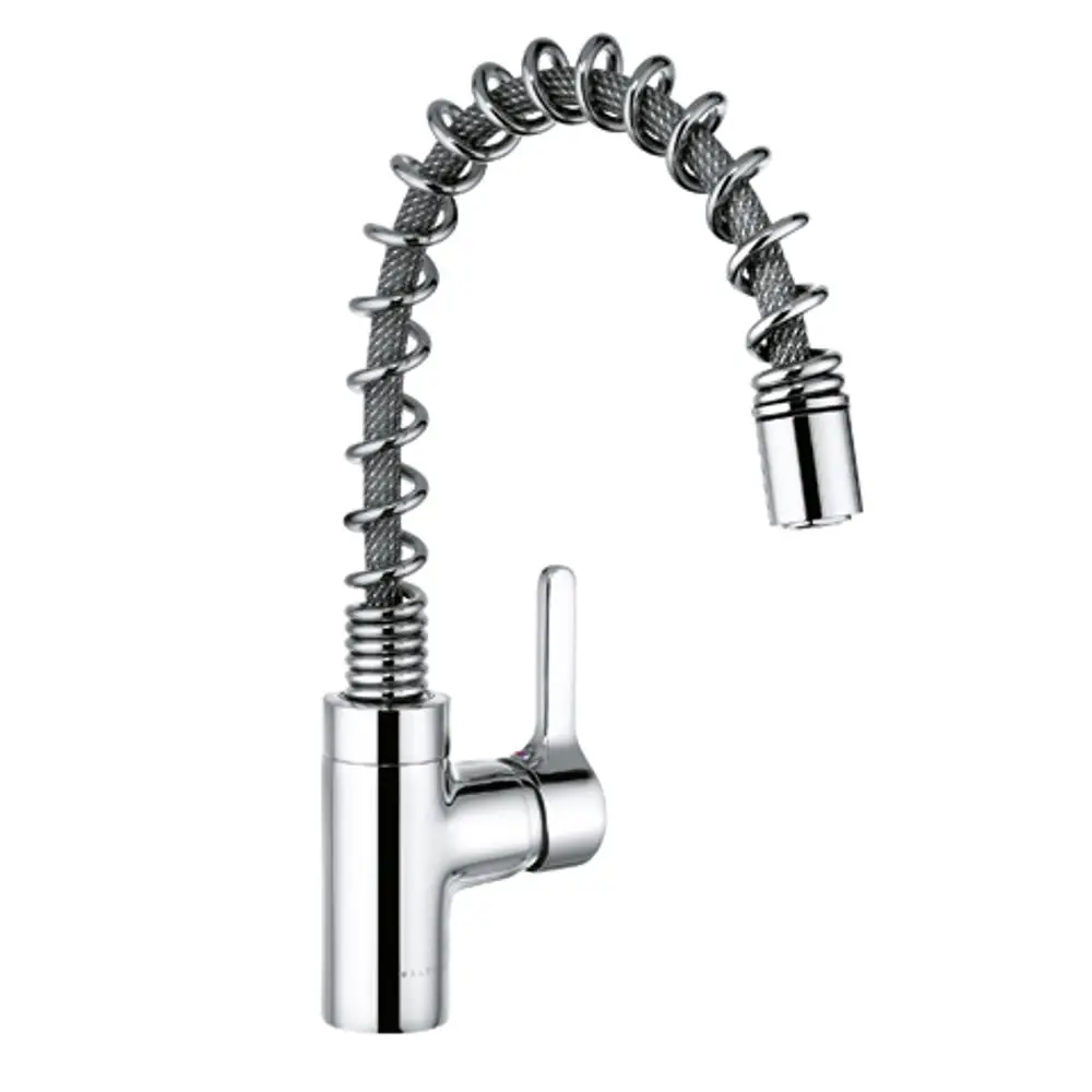Hochdruckarmatur von Kludi mit einem flexiblen, spiralgeformten Auslauf und einem Hebel für die Wassertemperaturregulierung. Ideal für Küchenspülen.